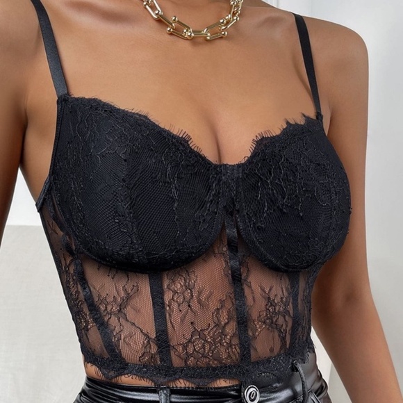 Boho Black Floral Lace Cropped Sexy Corset Cami Top - Picture 4 of 8